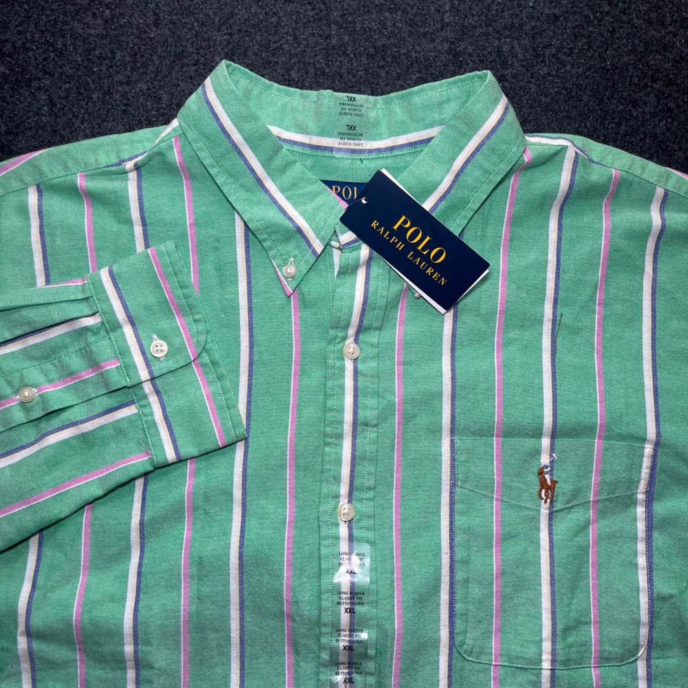 Polo Ralph Lauren Shirt Mens XXL Green Pink New Classic Fit Striped Oxford